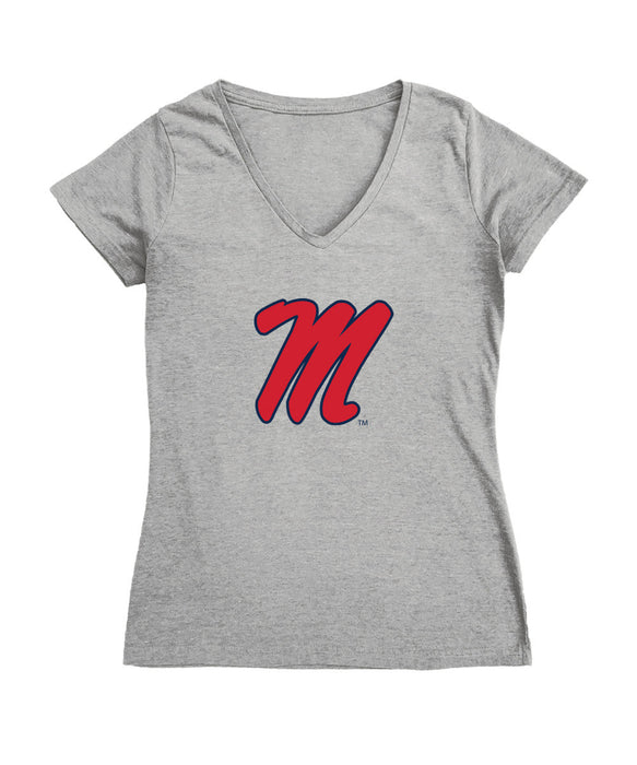 Ole Miss Rebels Women's V-neck Fitted Cotton T-Shirt Grey