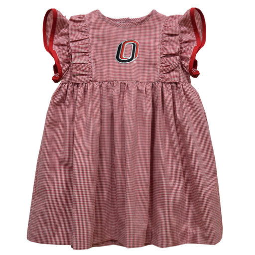 Omaha Mavericks Embroidered Cardinal Red Gingham Ruffle Dress