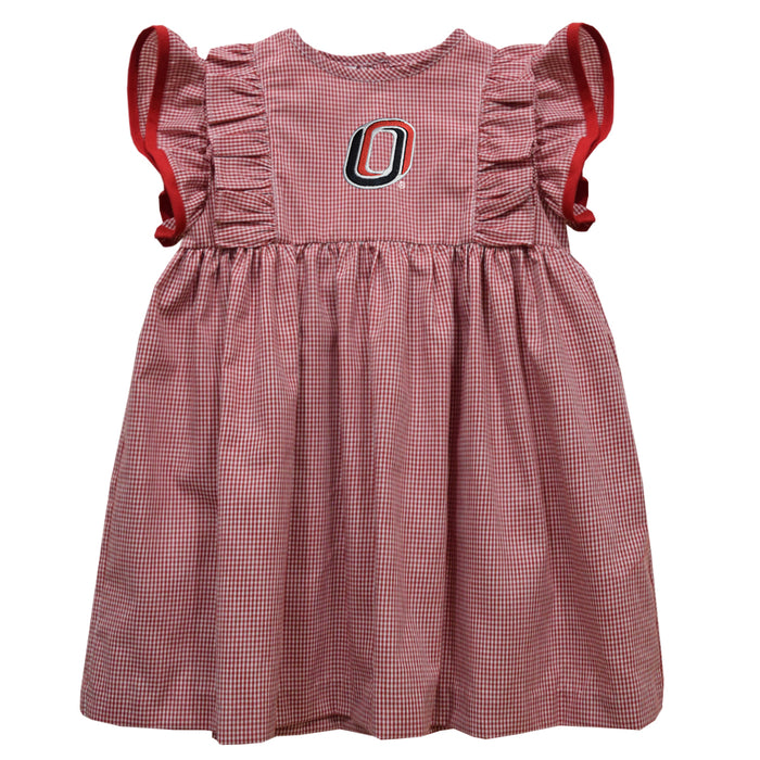 Omaha Mavericks Embroidered Cardinal Red Gingham Ruffle Dress