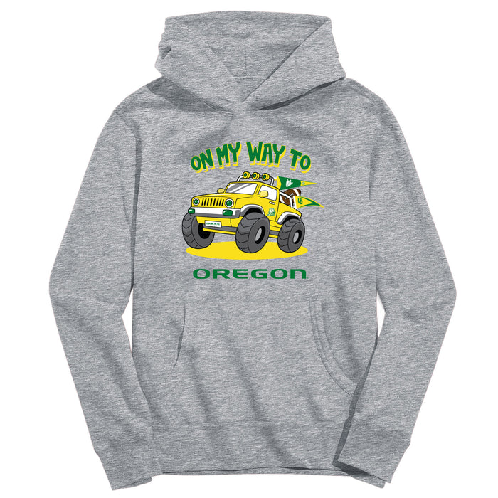 Oregon Ducks On My Way Monster Truck Heather Grey Cotton Youth Hoodie