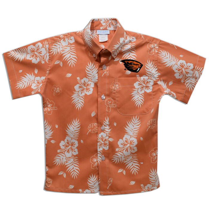 Oregon State Beavers Embroidered Orange Hawaiian Short Sleeve Button Down Shirt