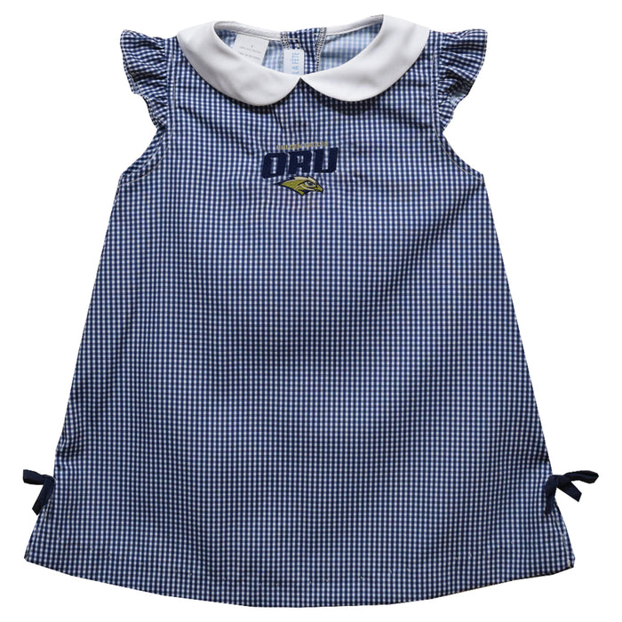 Oral Roberts University Golden Eagles Embroidered Navy Gingham A Line Dress
