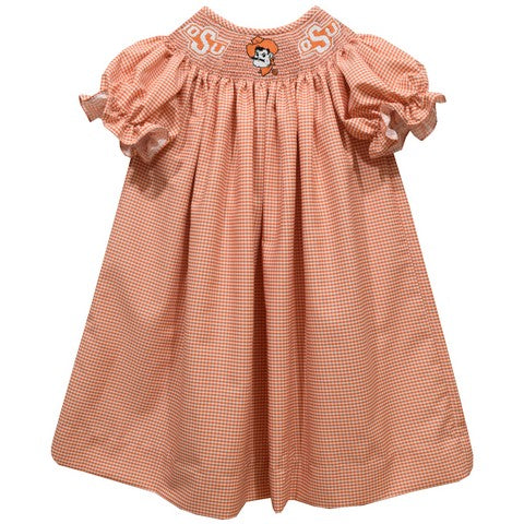 OSU Cowboys Smocked Orange Gingham Short Sleeve Bishop