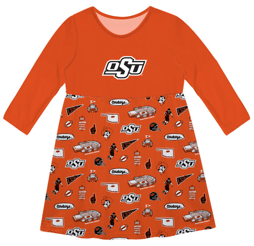 OSU Cowboys Long Sleeve Solid Orange Repeat Print Hand Sketched Impressions Artwork on Skirt