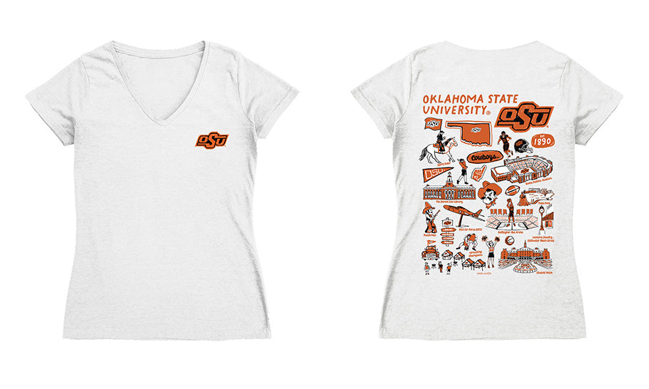 OSU Cowboys Hand Sketched Vive La Fete Impressions Artwork Black Women Cotton Short Sleeve V-Neck Tshirt