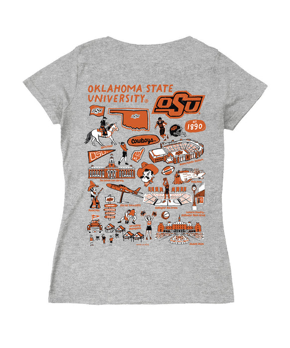 OSU Cowboys Hand Sketched Vive La Fete Impressions Artwork Black Women Cotton Short Sleeve V-Neck Tshirt