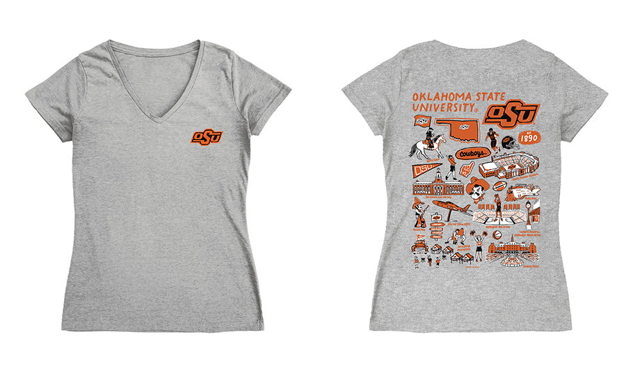 OSU Cowboys Hand Sketched Vive La Fete Impressions Artwork Black Women Cotton Short Sleeve V-Neck Tshirt