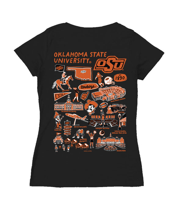 OSU Cowboys Hand Sketched Vive La Fete Impressions Artwork Black Women Cotton Short Sleeve V-Neck Tshirt