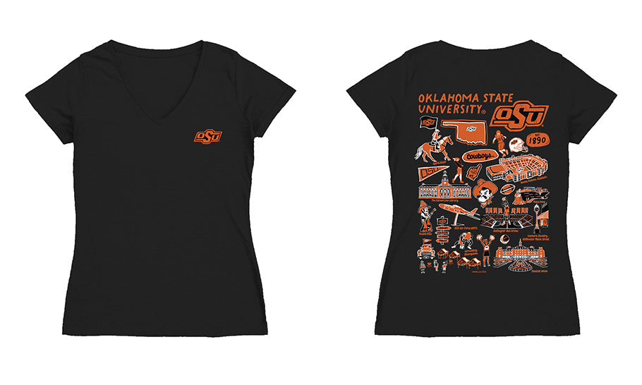 OSU Cowboys Hand Sketched Vive La Fete Impressions Artwork Black Women Cotton Short Sleeve V-Neck Tshirt