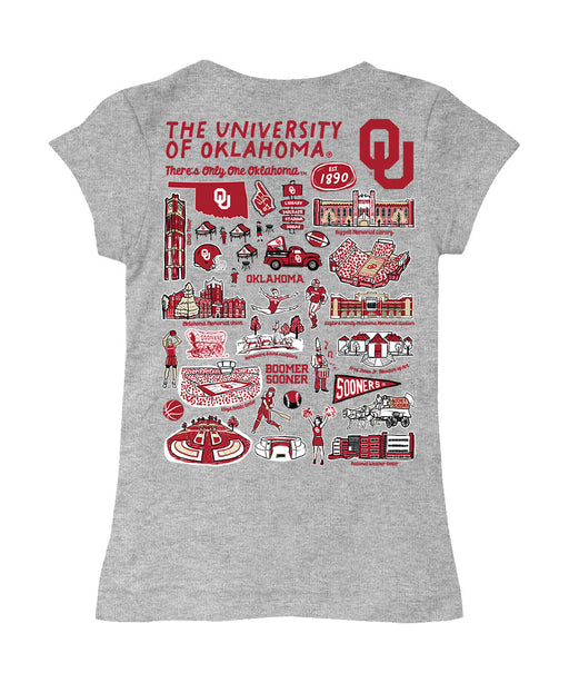 Oklahoma Sooners Hand Sketched Vive La Fete Impressions Artwork Grey Girls Cotton Short Sleeve Tee - Vive La Fête - Online Apparel Store