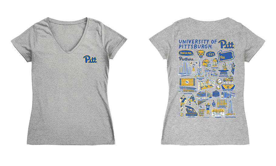 Pittsburgh Panthers UP Hand Sketched Vive La Fete Impressions Artwork Royal Women Cotton Short Sleeve V-Neck Tshirt