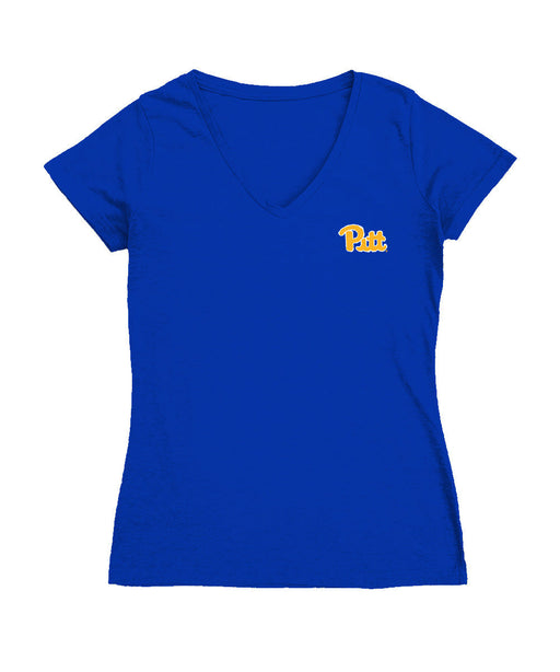 Pittsburgh Panthers UP Hand Sketched Vive La Fete Impressions Artwork Royal Women Cotton Short Sleeve V-Neck Tshirt