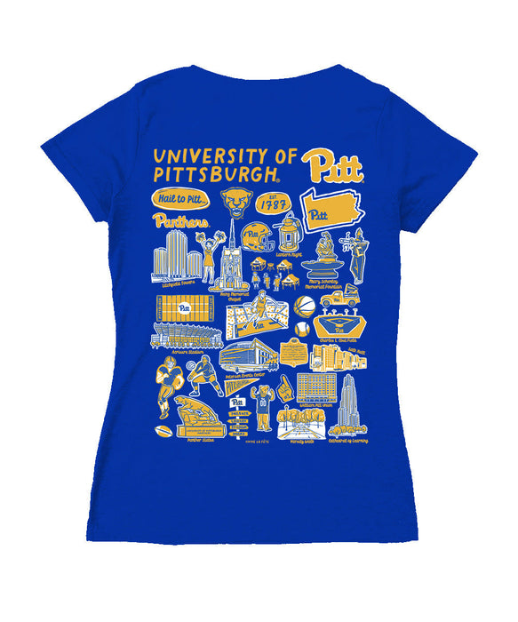 Pittsburgh Panthers UP Hand Sketched Vive La Fete Impressions Artwork Royal Women Cotton Short Sleeve V-Neck Tshirt