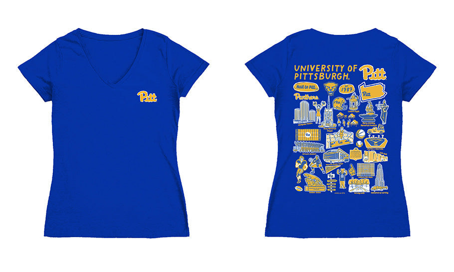 Pittsburgh Panthers UP Hand Sketched Vive La Fete Impressions Artwork Royal Women Cotton Short Sleeve V-Neck Tshirt