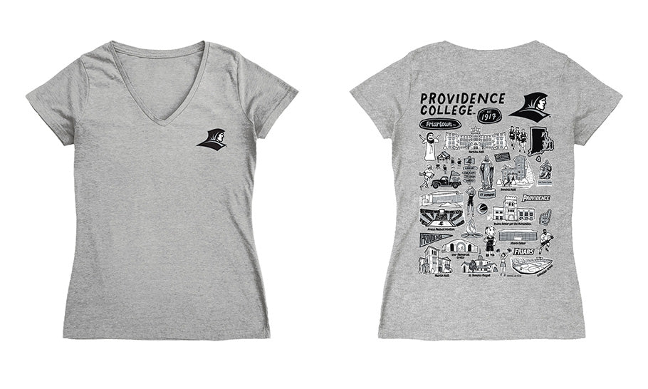 Providence Friars Hand Sketched Vive La Fete Impressions Artwork Black Women Cotton Short Sleeve V-Neck Tshirt