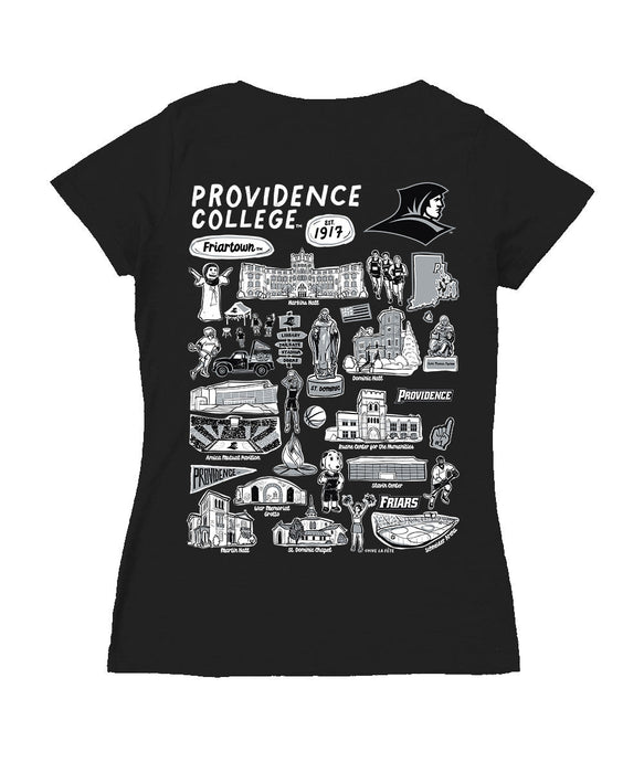 Providence Friars Hand Sketched Vive La Fete Impressions Artwork Black Women Cotton Short Sleeve V-Neck Tshirt