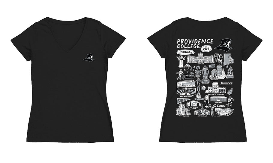 Providence Friars Hand Sketched Vive La Fete Impressions Artwork Black Women Cotton Short Sleeve V-Neck Tshirt