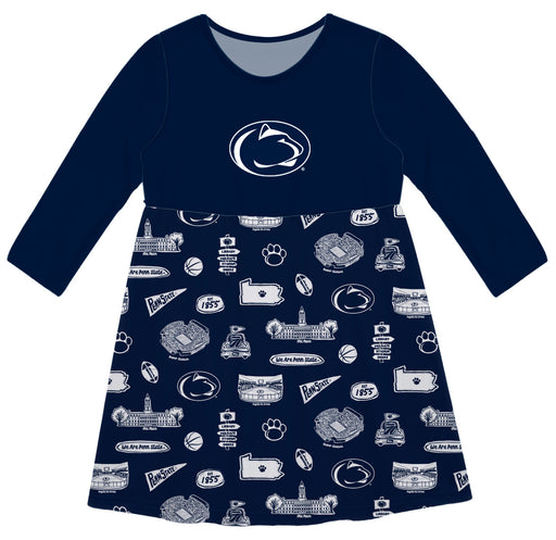 Penn State Nittany Lions Long Sleeve Solid Navy Repeat Print Hand Sketched Impressions Artwork on Skirt