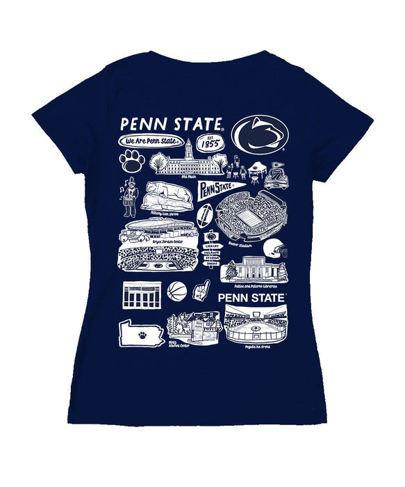 Penn State Nittany Lions Hand Sketched Vive La Fete Impressions Artwork Navy Women Cotton Short Sleeve V-Neck Tshirt