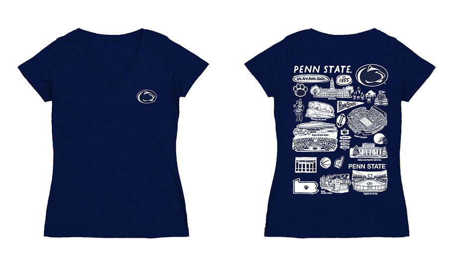 Penn State Nittany Lions Hand Sketched Vive La Fete Impressions Artwork Navy Women Cotton Short Sleeve V-Neck Tshirt