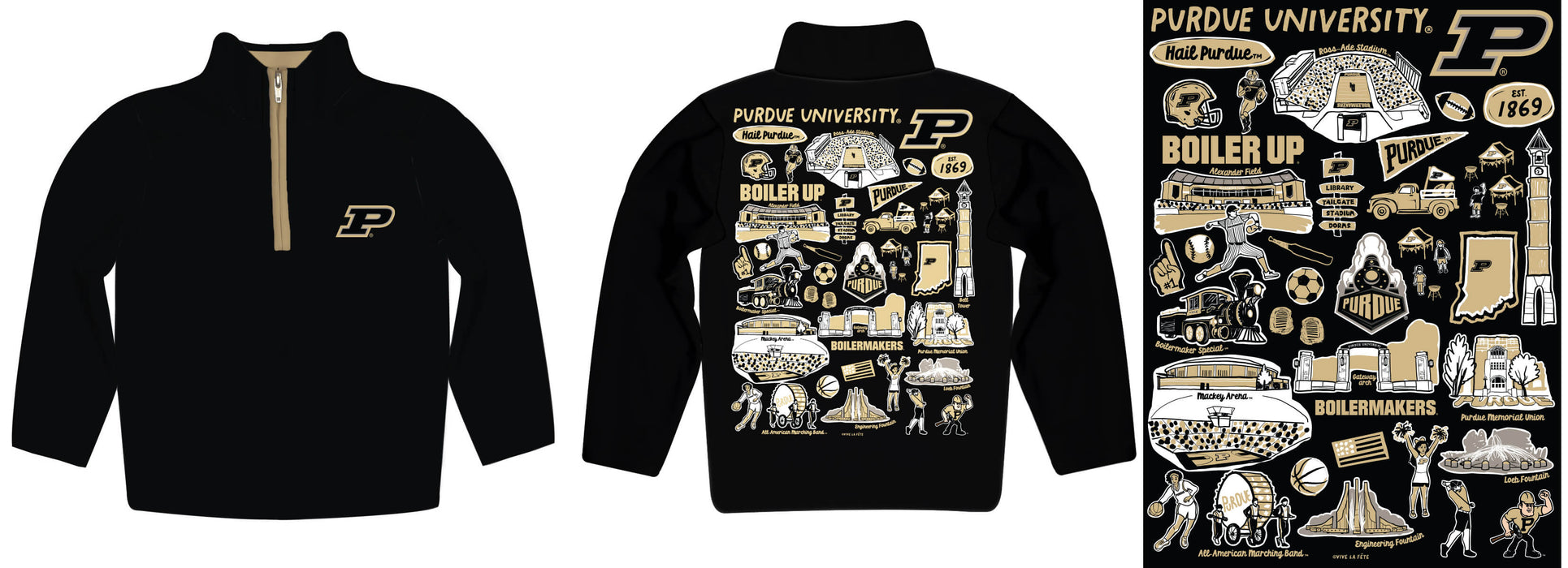 Purdue University Boilermakers Hand Sketched Vive La Fete Impressions Artwork Black Boys Quarter Zip Pullover V1 - Vive La Fête - Online Apparel Store