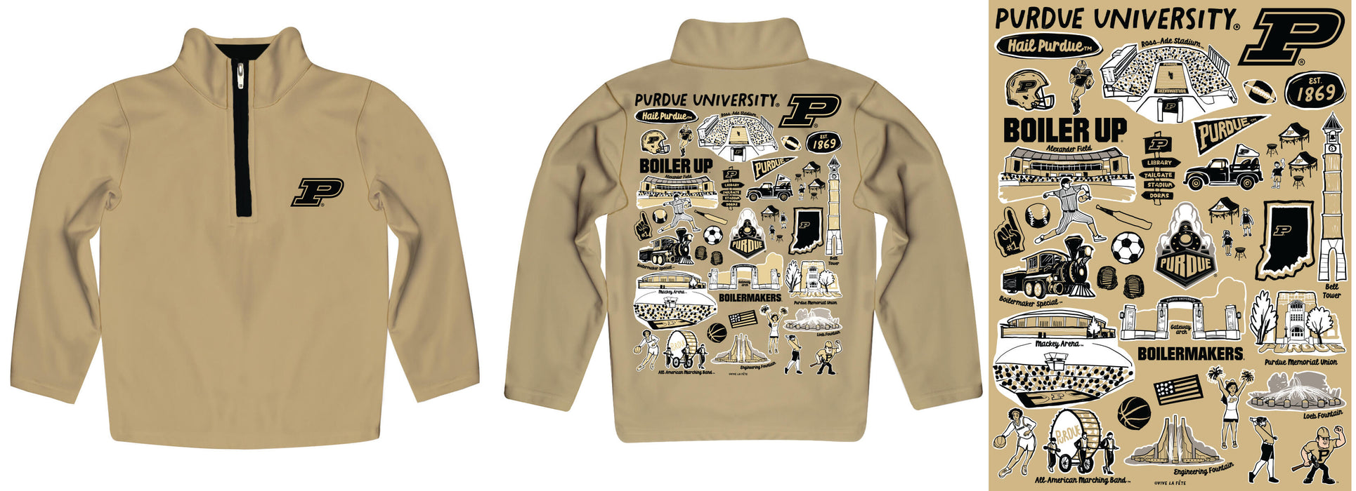 Purdue University Boilermakers Hand Sketched Vive La Fete Impressions Artwork Gold Boys Quarter Zip Pullover V1 - Vive La Fête - Online Apparel Store