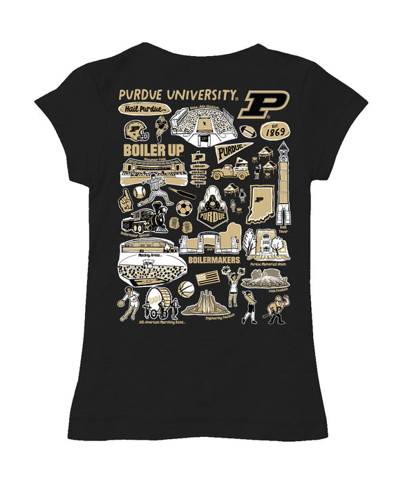 Purdue University Boilermakers Hand Sketched Vive La Fete Impressions Artwork Black Girls Cotton Short Sleeve Tee - Vive La Fête - Online Apparel Store
