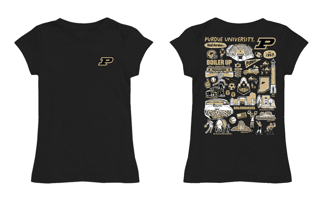 Purdue University Boilermakers Hand Sketched Vive La Fete Impressions Artwork Black Girls Cotton Short Sleeve Tee - Vive La Fête - Online Apparel Store