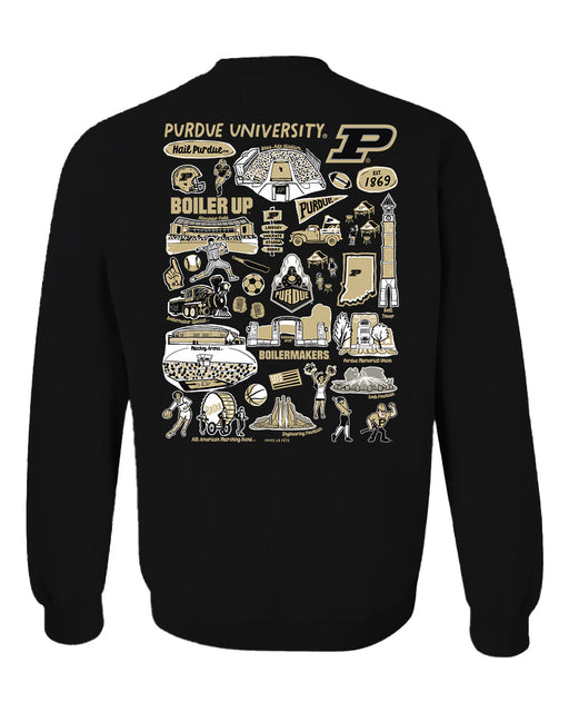 Purdue University Boilermakers Hand Sketched Artwork Black Crewneck Sweatshirt for Women - Vive La Fête - Online Apparel Store