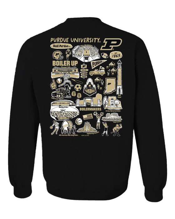 Purdue University Boilermakers Hand Sketched Artwork Black Crewneck Sweatshirt for Women - Vive La Fête - Online Apparel Store