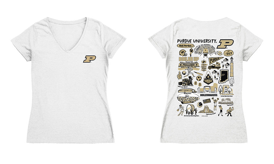 Purdue Boilermakers Hand Sketched Vive La Fete Impressions Artwork Black Women Cotton Short Sleeve V-Neck Tshirt