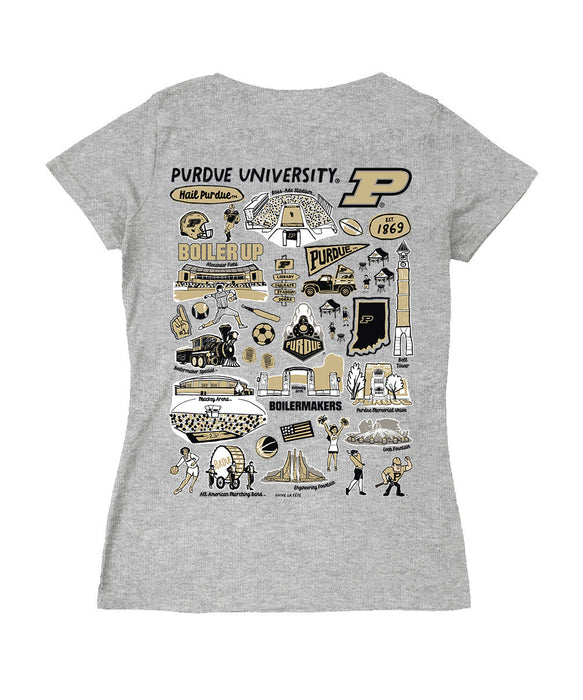 Purdue Boilermakers Hand Sketched Vive La Fete Impressions Artwork Black Women Cotton Short Sleeve V-Neck Tshirt