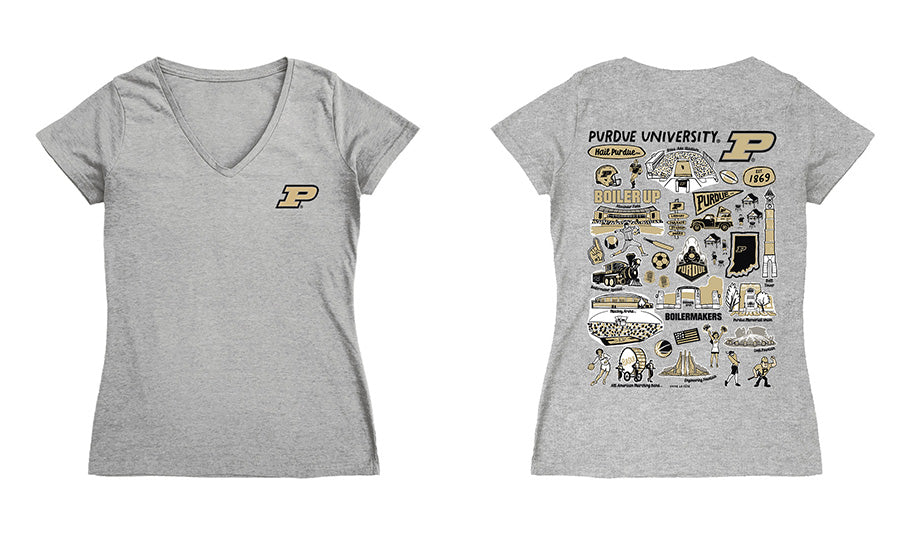 Purdue Boilermakers Hand Sketched Vive La Fete Impressions Artwork Black Women Cotton Short Sleeve V-Neck Tshirt
