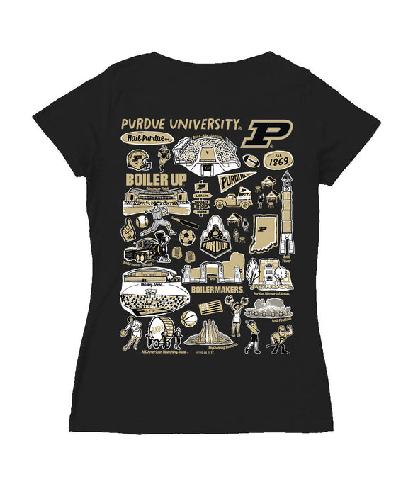 Purdue Boilermakers Hand Sketched Vive La Fete Impressions Artwork Black Women Cotton Short Sleeve V-Neck Tshirt