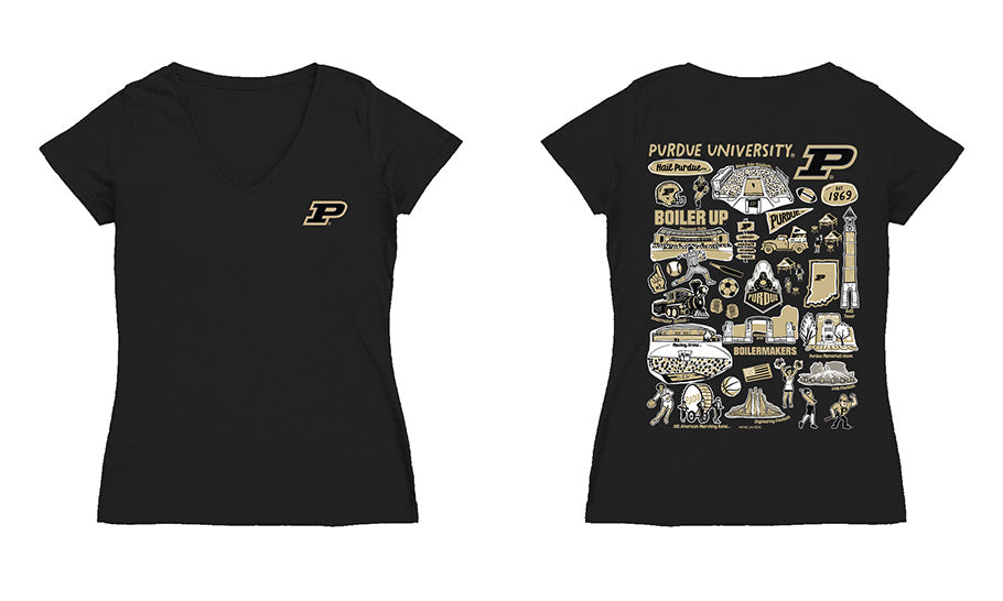 Purdue Boilermakers Hand Sketched Vive La Fete Impressions Artwork Black Women Cotton Short Sleeve V-Neck Tshirt