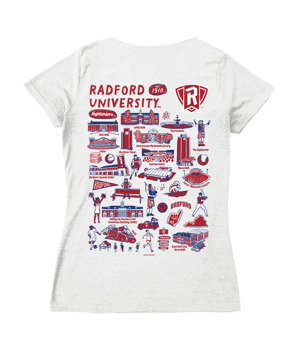 Radford University Highlanders Hand Sketched Vive La Fete Impressions Artwork Red Women Cotton Short Sleeve V-Neck Tshir