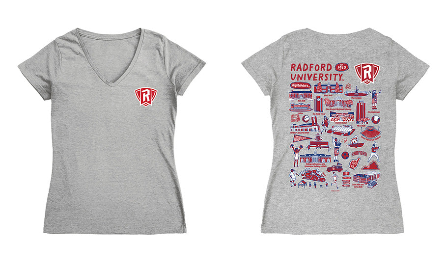 Radford University Highlanders Hand Sketched Vive La Fete Impressions Artwork Red Women Cotton Short Sleeve V-Neck Tshir