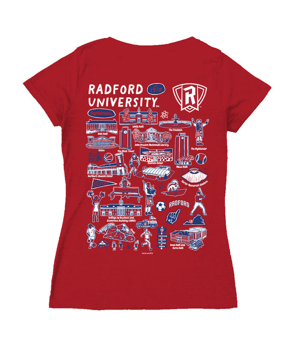 Radford University Highlanders Hand Sketched Vive La Fete Impressions Artwork Red Women Cotton Short Sleeve V-Neck Tshir