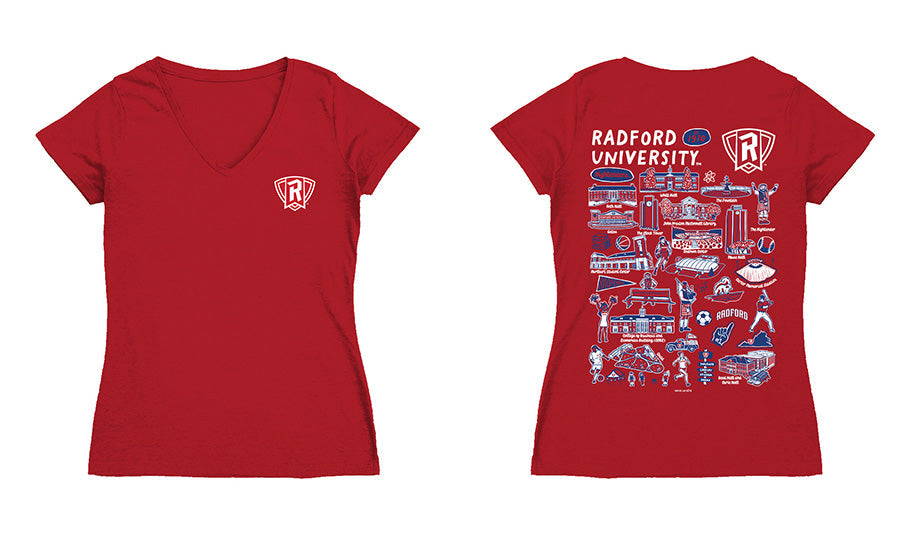 Radford University Highlanders Hand Sketched Vive La Fete Impressions Artwork Red Women Cotton Short Sleeve V-Neck Tshir