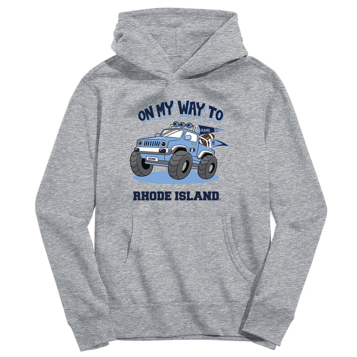Rhode Island Rams On My Way Monster Truck Heather Grey Cotton Youth Hoodie