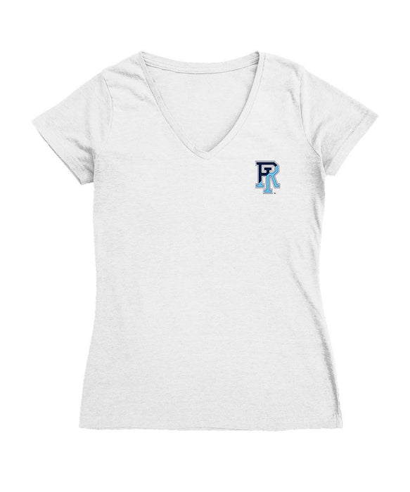 Rhode Island Rams Hand Sketched Vive La Fete Impressions Artwork White Women Cotton Short Sleeve V-Neck Tshirt