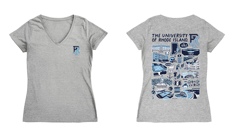 Rhode Island Rams Hand Sketched Vive La Fete Impressions Artwork Navy Women Cotton Short Sleeve V-Neck Tshirt