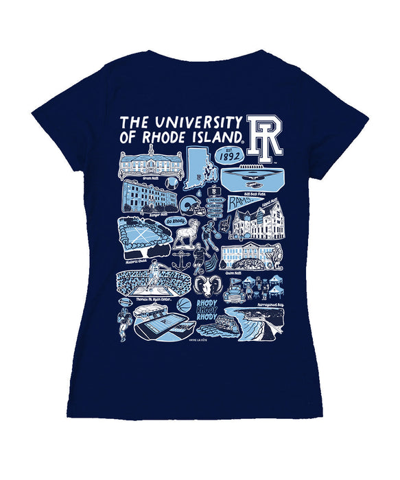 Rhode Island Rams Hand Sketched Vive La Fete Impressions Artwork Navy Women Cotton Short Sleeve V-Neck Tshirt