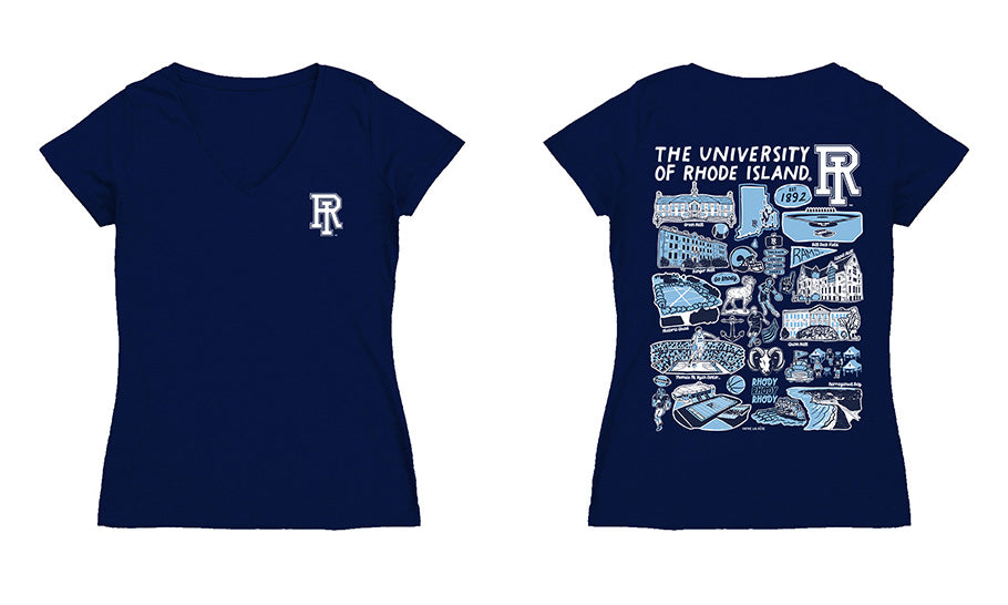 Rhode Island Rams Hand Sketched Vive La Fete Impressions Artwork Navy Women Cotton Short Sleeve V-Neck Tshirt