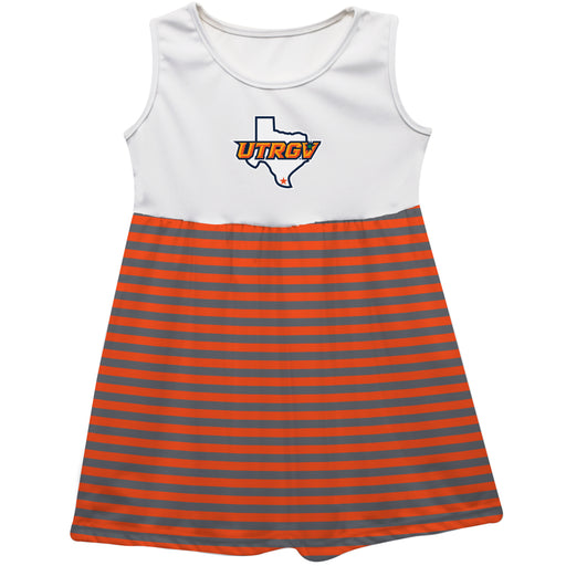 The University of Texas Rio Grande Valley Vive La Fete Girls White Game Day Sleeveless Tank Dress Royal Stripes on Skirt