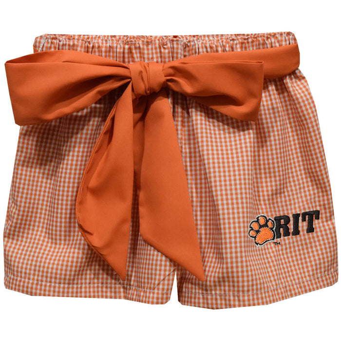 Rochester Institute of Technology Tigers, RIT Tigers Embroidered Orange Gingham Girls Short with Sash