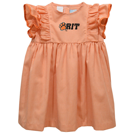 Rochester Institute of Technology Embroidered Orange Gingham Ruffle Dress