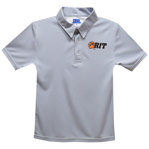 Rochester Institute of Technology Tigers, RIT Tigers Embroidered Gray Stripes Short Sleeve Polo Box Shirt