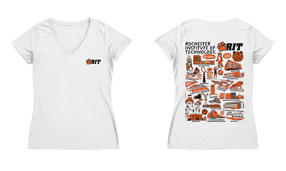 RIT Tigers Hand Sketched Vive La Fete Impressions Artwork Black Women Cotton Short Sleeve V-Neck Tshirt