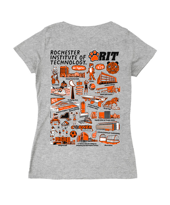 RIT Tigers Hand Sketched Vive La Fete Impressions Artwork Black Women Cotton Short Sleeve V-Neck Tshirt